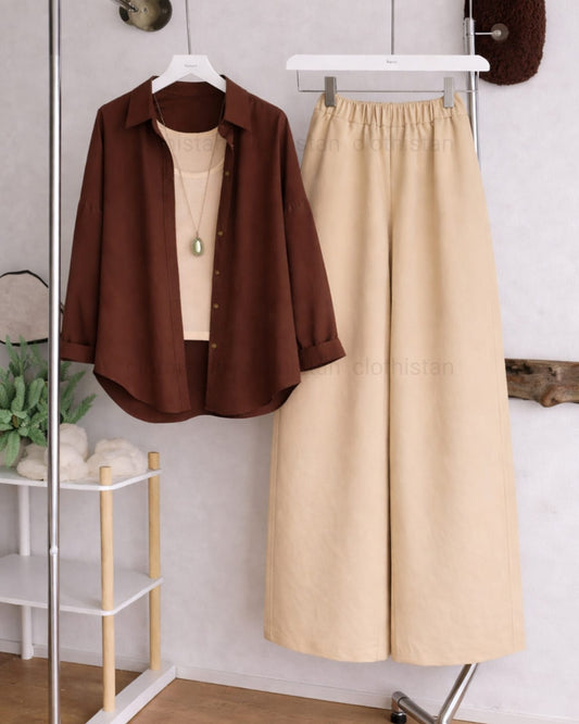 Button Down Shirt, White Tank Top and Beige Wide Leg Trouser Pack Of Threes