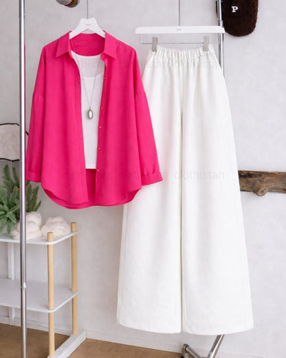Button Down Shirt, White Tank Top and White Wide Leg Trouser Pack Of Threes