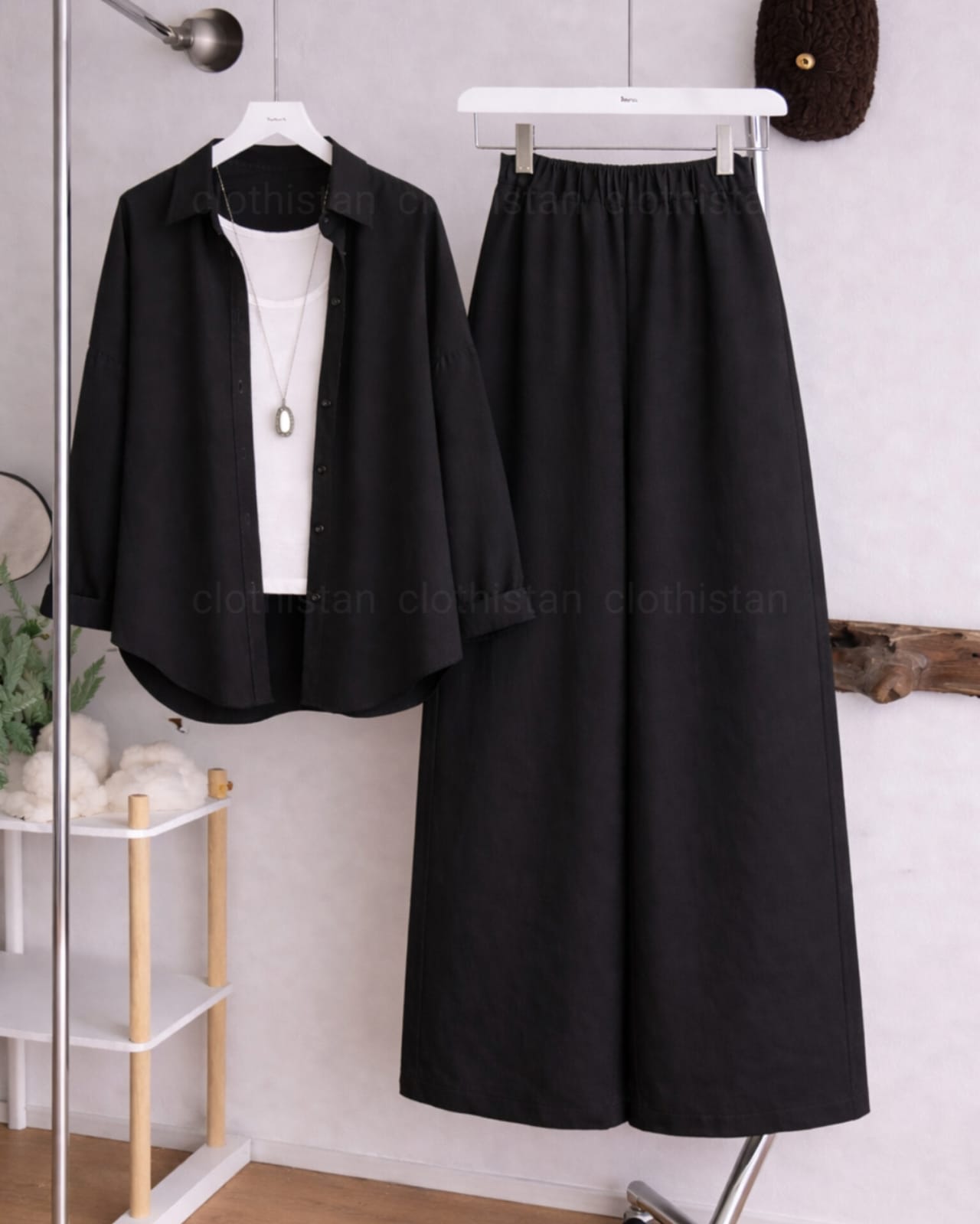 Button Down Shirt, White Tank Top and Black Wide Leg Trouser Pack Of Threes