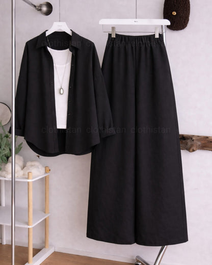 Button Down Shirt, White Tank Top and Black Wide Leg Trouser Pack Of Threes