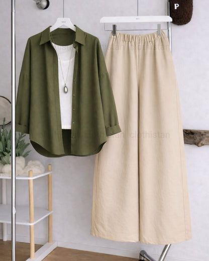 Button Down Shirt, White Tank Top and Beige Wide Leg Trouser Pack Of Threes
