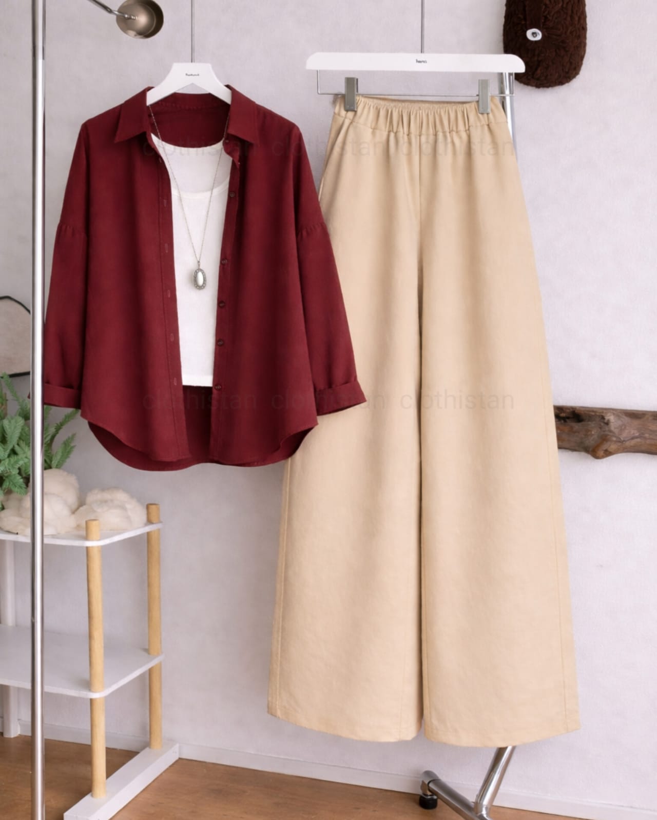 Button Down Shirt, White Tank Top and Beige Wide Leg Trouser Pack Of Threes