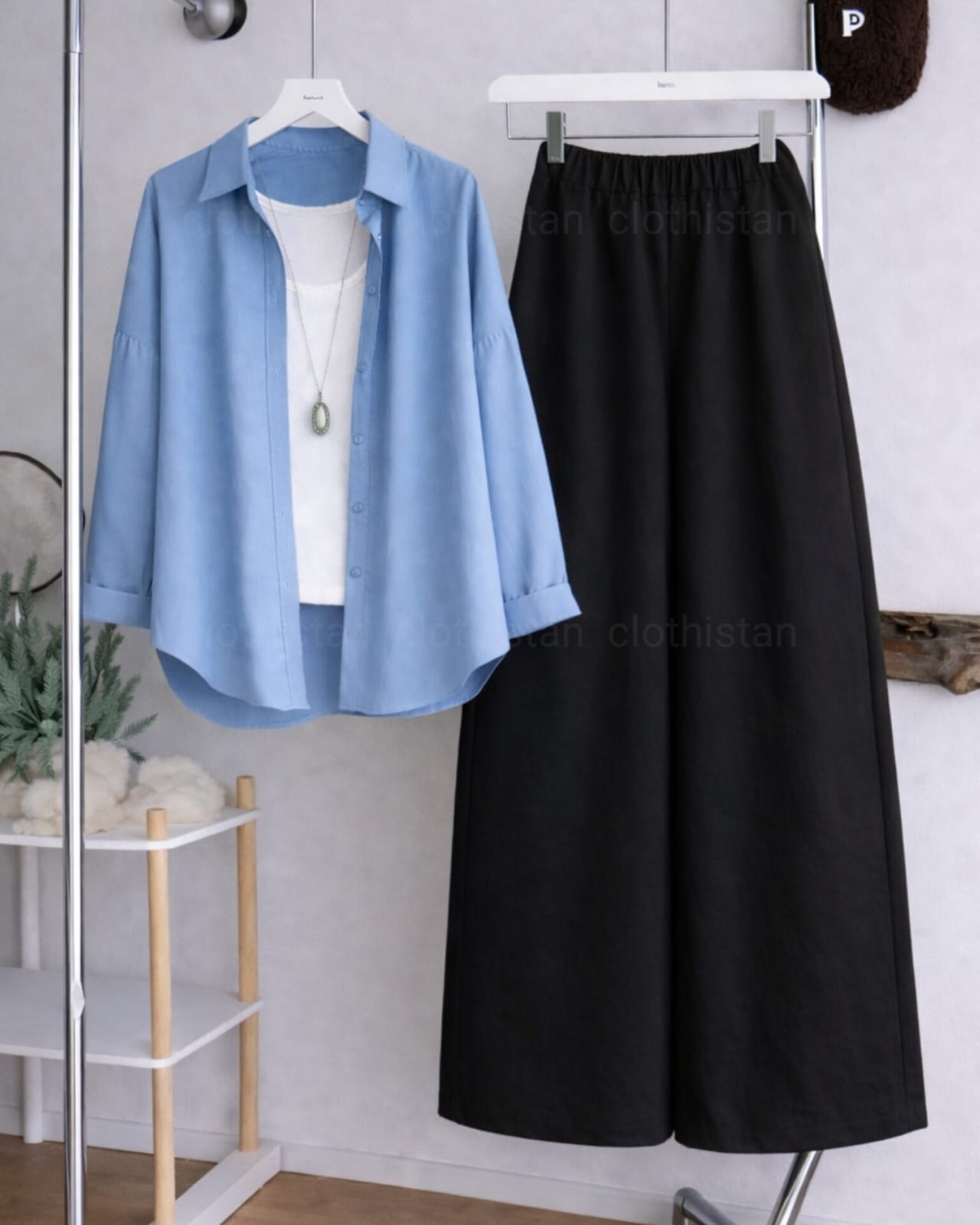 Button Down Shirt, White Tank Top and Black Wide Leg Trouser Pack Of Threes
