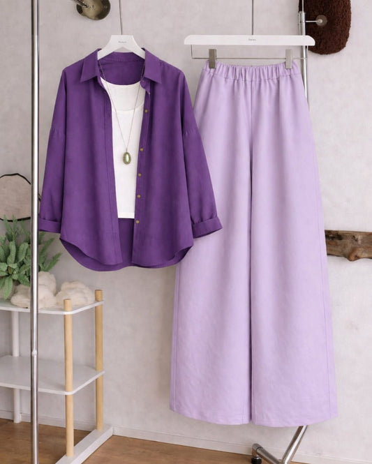 Button Down Shirt, White Tank Top and Lilac Wide Leg Trouser Pack Of Threes