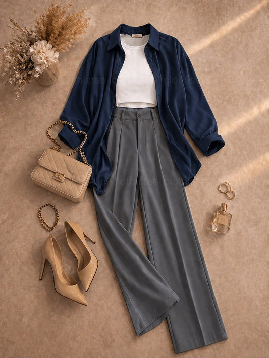 Button Down Shirt, White Tank Top, Grey High Waisted Formal Pants as Pack Of Threes
