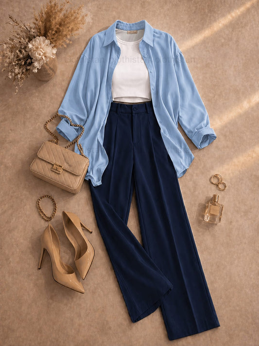 Button Down Shirt, White Tank Top, Dark blue High Waisted Formal Pants as Pack Of Threes
