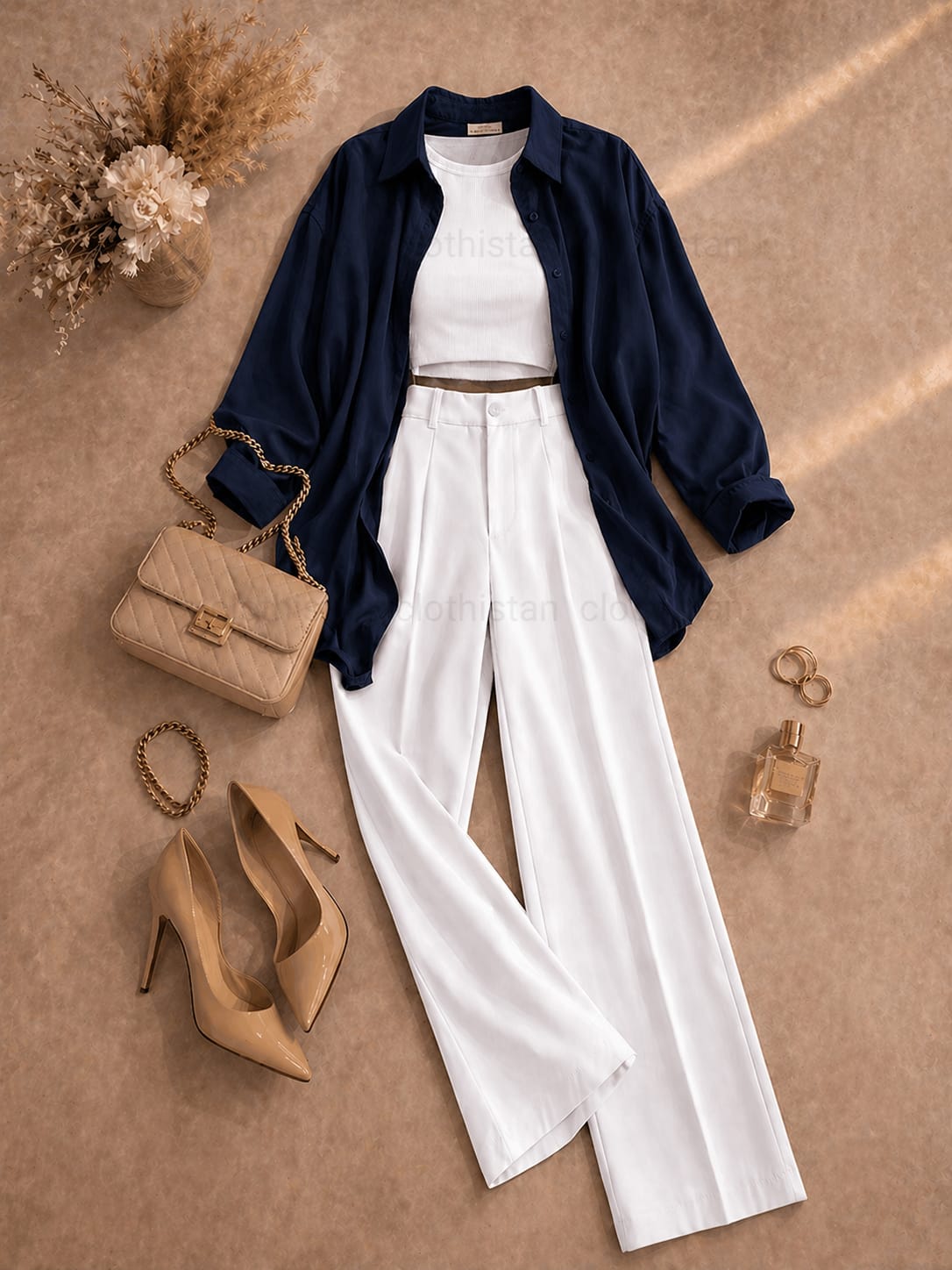 Button Down Shirt, White Tank Top, White High Waisted Formal Pants as Pack Of Threes