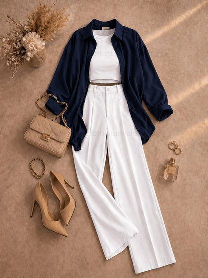 Button Down Shirt, White Tank Top, White High Waisted Formal Pants as Pack Of Threes