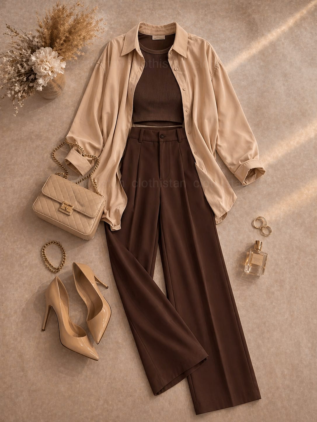 Button Down Shirt, Brown Tank Top, Brown High Waisted Formal Pants as Pack Of Threes