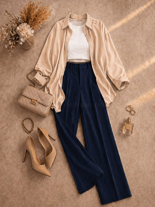 Button Down Shirt, White Tank Top, Dark blue High Waisted Formal Pants as Pack Of Threes