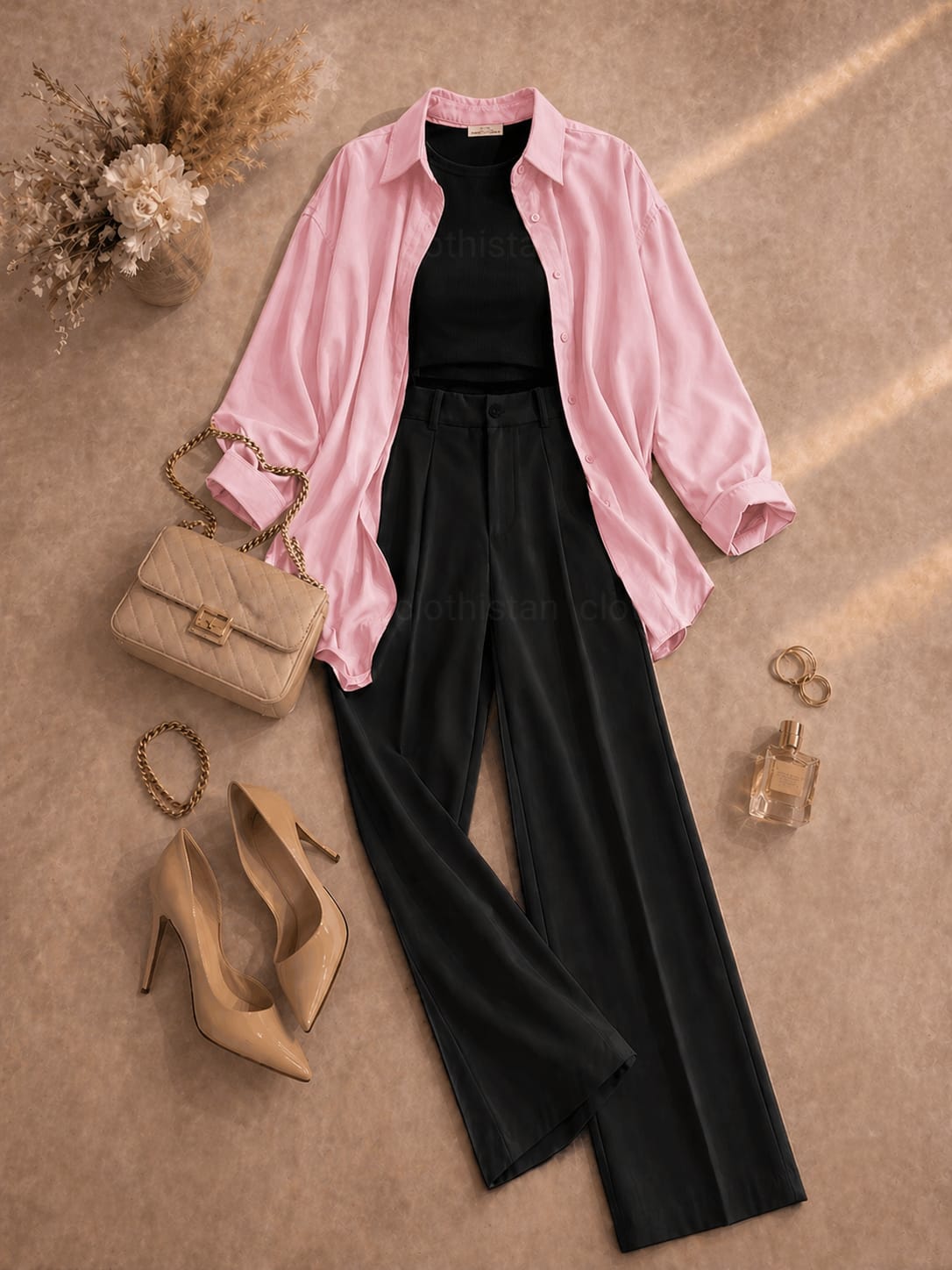 Button Down Shirt, Black Tank Top, Black High Waisted Formal Pants as Pack Of Threes