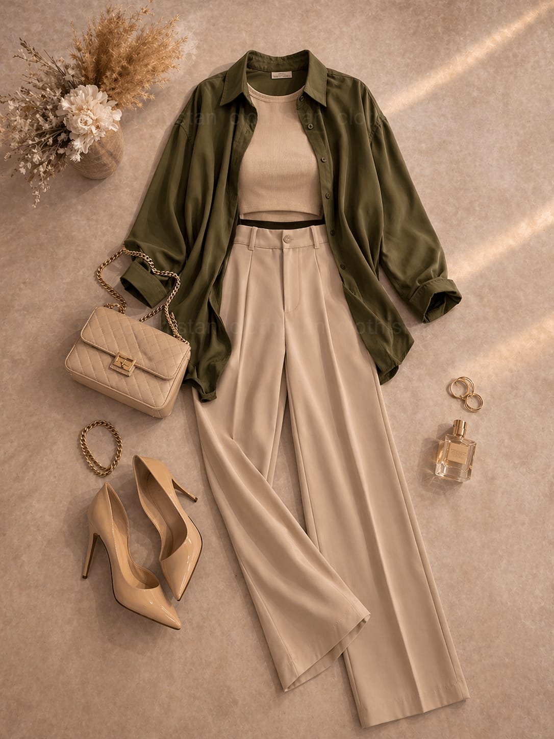 Button Down Shirt, Beige Tank Top, Beige High Waisted Formal Pants as Pack Of Threes