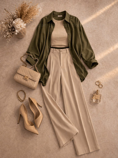 Button Down Shirt, Beige Tank Top, Beige High Waisted Formal Pants as Pack Of Threes