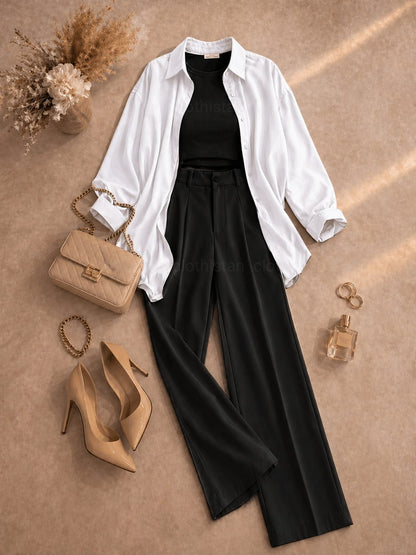 Button Down Shirt, Black Tank Top, Black High Waisted Formal Pants as Pack Of Threes