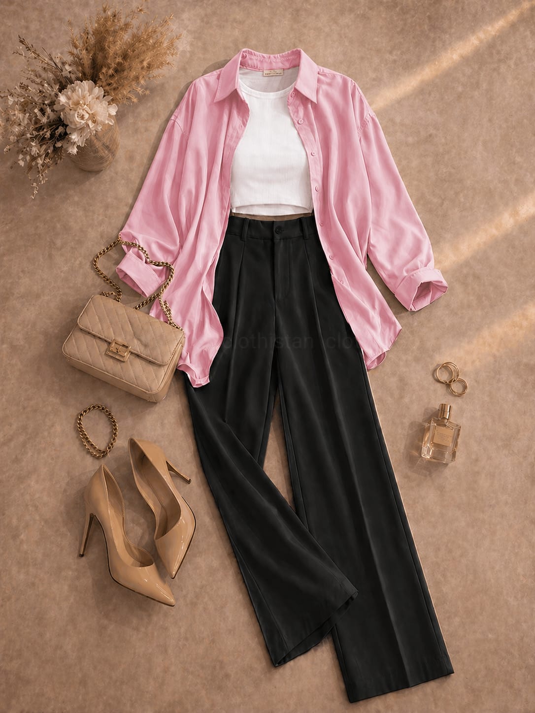 Button Down Shirt, White Tank Top, Black High Waisted Formal Pants as Pack Of Threes