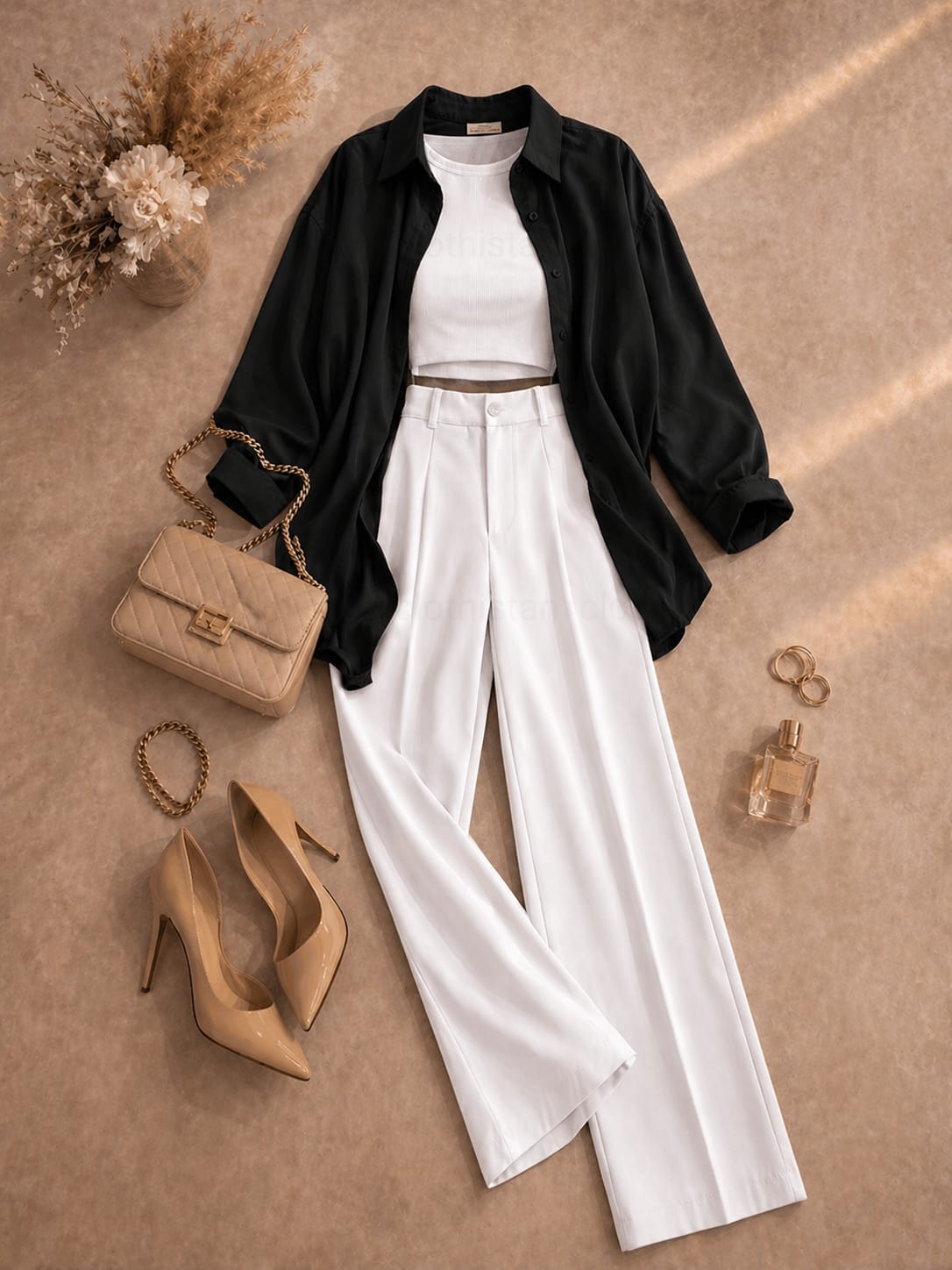Button Down Shirt, White Tank Top, White High Waisted Formal Pants as Pack Of Threes
