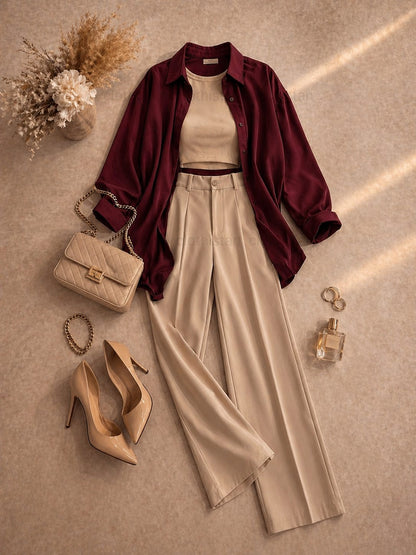 Button Down Shirt, Beige Tank Top, Beige High Waisted Formal Pants as Pack Of Threes