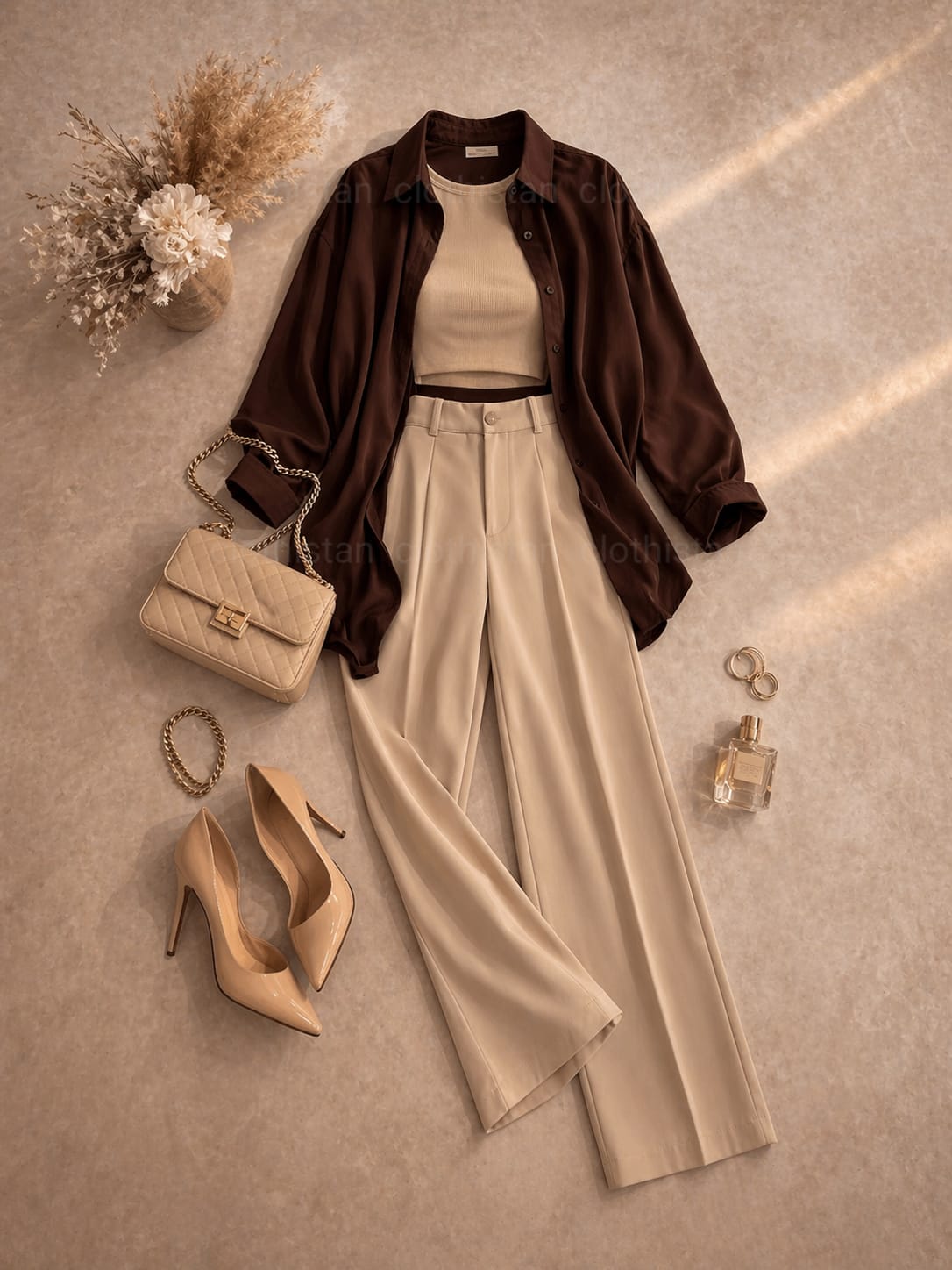 Button Down Shirt, Beige Tank Top, Beige High Waisted Formal Pants as Pack Of Threes