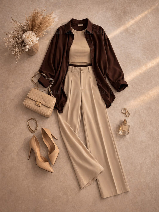 Button Down Shirt, Beige Tank Top, Beige High Waisted Formal Pants as Pack Of Threes