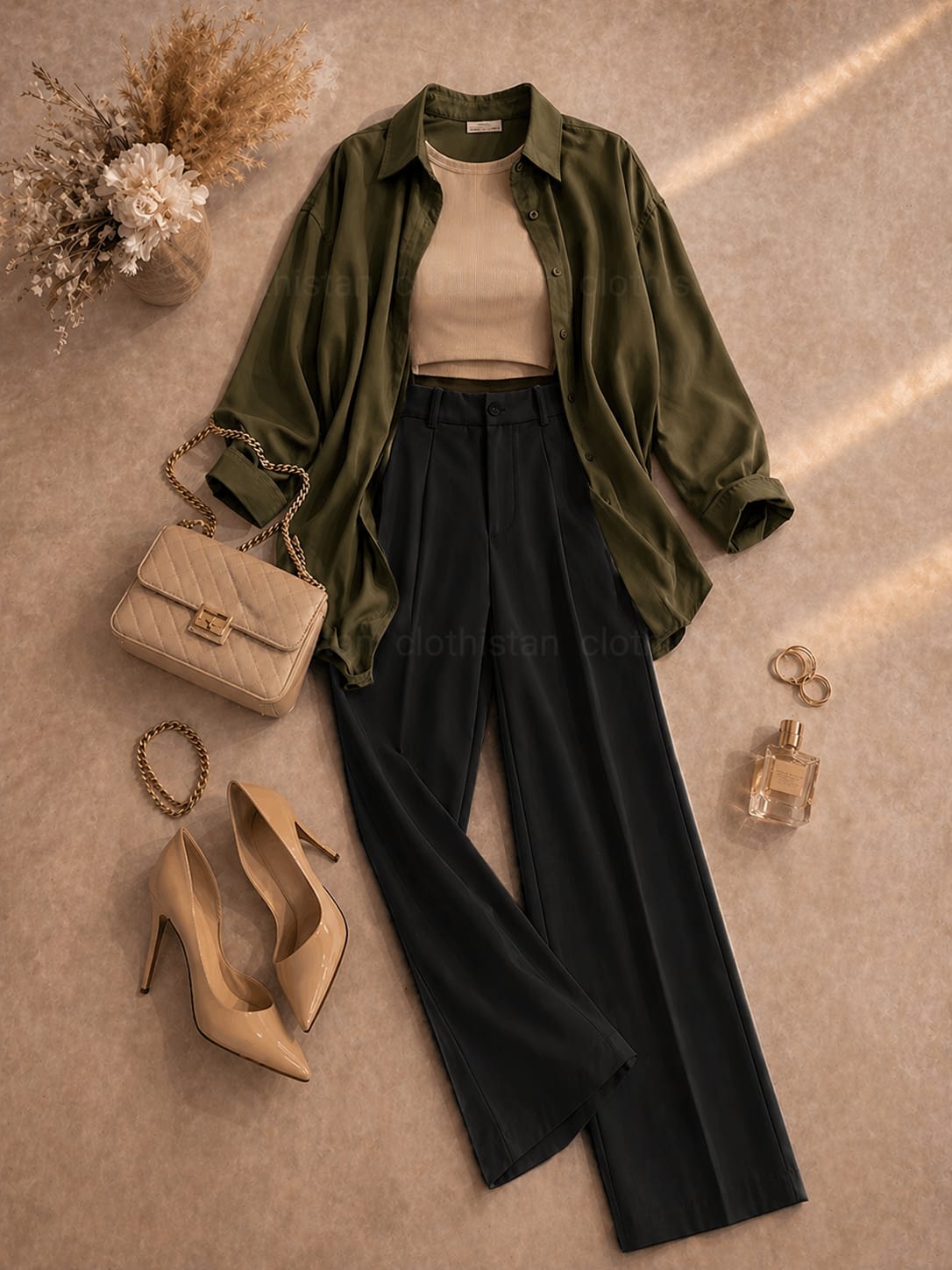 Button Down Shirt, Beige Tank Top, Black High Waisted Formal Pants as Pack Of Threes