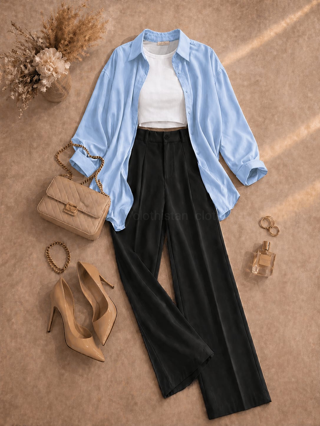 Button Down Shirt, White Tank Top, Black High Waisted Formal Pants as Pack Of Threes