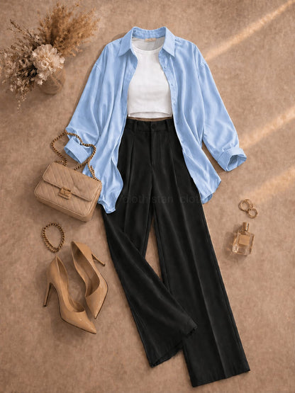 Button Down Shirt, White Tank Top, Black High Waisted Formal Pants as Pack Of Threes