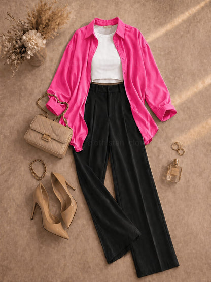 Button Down Shirt, White Tank Top, Black High Waisted Formal Pants as Pack Of Threes