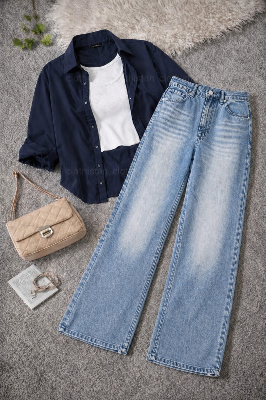 Button-Down Shirt, White Rib-Knitted Tank Top & Sky Blue Vintage Wide-Leg Jeans Pack of Three