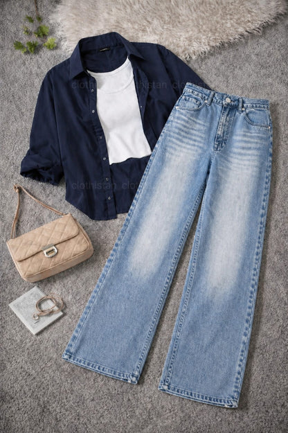 Button-Down Shirt, White Rib-Knitted Tank Top & Sky Blue Vintage Wide-Leg Jeans Pack of Three