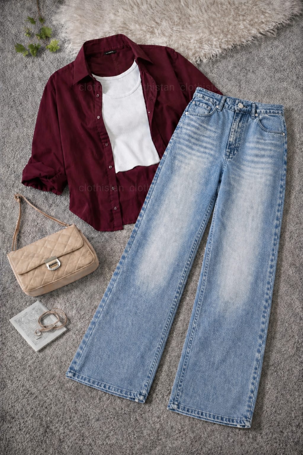 Button-Down Shirt, White Rib-Knitted Tank Top & Sky Blue Vintage Wide-Leg Jeans Pack of Three