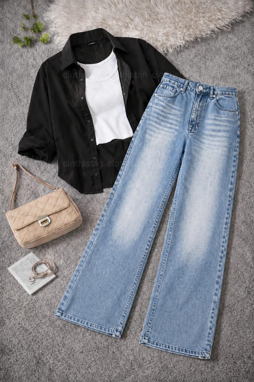 Button-Down Shirt, White Rib-Knitted Tank Top & Sky Blue Vintage Wide-Leg Jeans Pack of Three