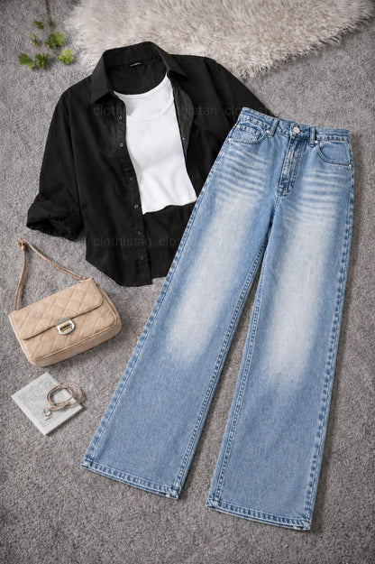 Button-Down Shirt, White Rib-Knitted Tank Top & Sky Blue Vintage Wide-Leg Jeans Pack of Three