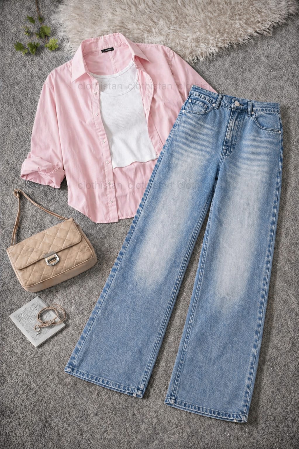 Button-Down Shirt, White Rib-Knitted Tank Top & Sky Blue Vintage Wide-Leg Jeans Pack of Three