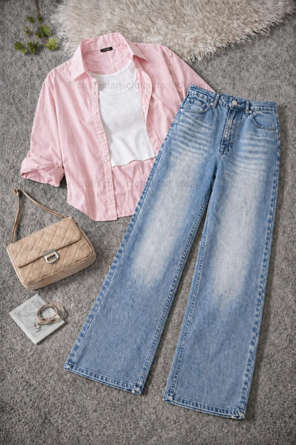 Button-Down Shirt, White Rib-Knitted Tank Top & Sky Blue Vintage Wide-Leg Jeans Pack of Three
