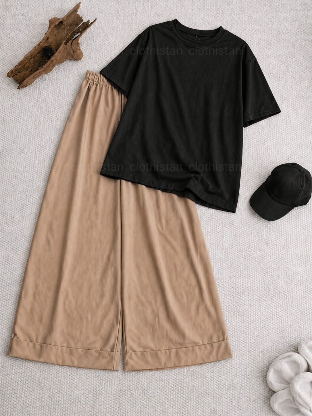 Drop Shoulder tshirt And Beige Wide Leg Trouser as Pack of Twos