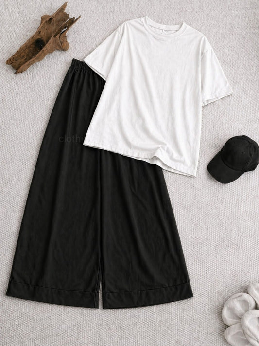 Drop Shoulder tshirt And Black Wide Leg Trouser as Pack of Twos
