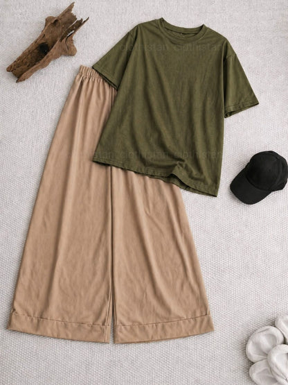 Drop Shoulder tshirt And Beige Wide Leg Trouser as Pack of Twos