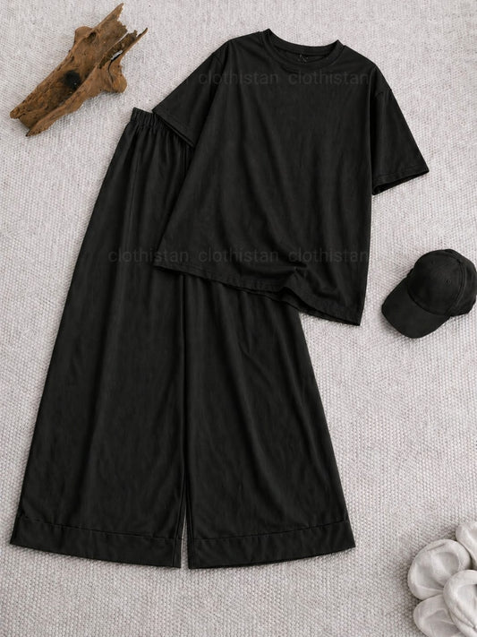 Drop Shoulder tshirt And Black Wide Leg Trouser as Pack of Twos
