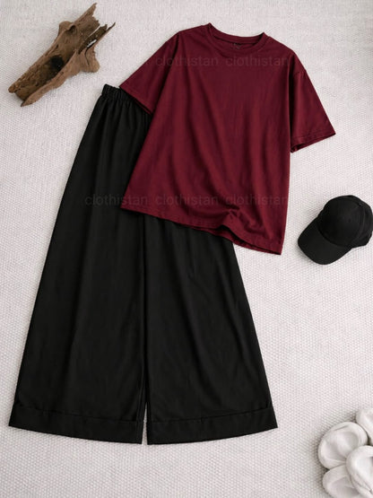 Drop Shoulder tshirt And Black Wide Leg Trouser as Pack of Twos