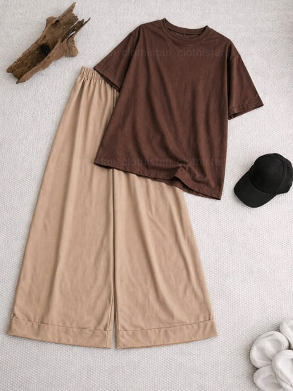 Drop Shoulder tshirt And Beige Wide Leg Trouser as Pack of Twos