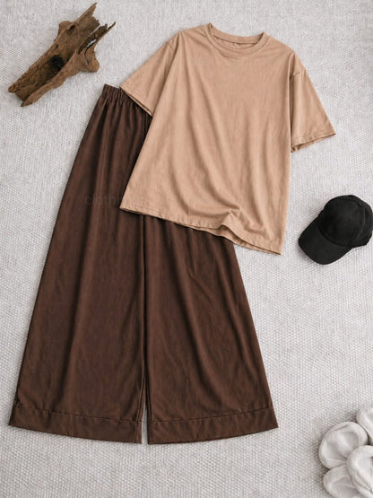 Drop Shoulder tshirt And Brown Wide Leg Trouser as Pack of Twos