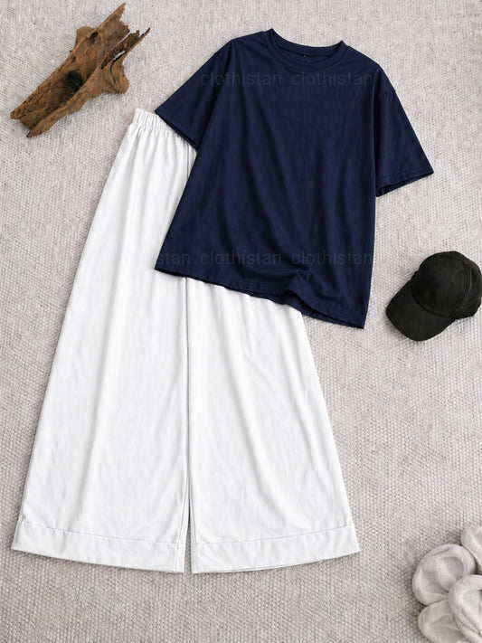 Drop Shoulder tshirt And White Wide Leg Trouser as Pack of Twos