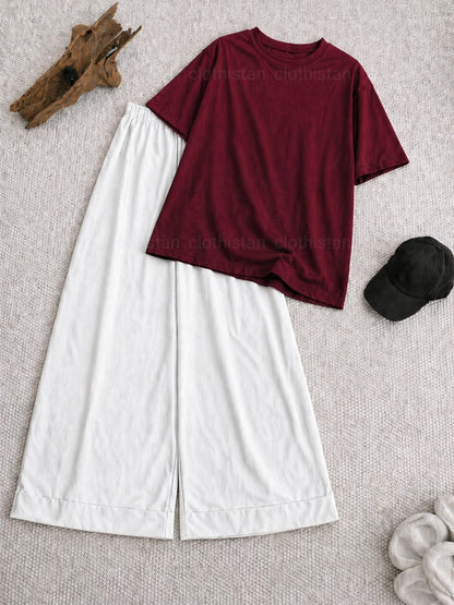 Drop Shoulder tshirt And White Wide Leg Trouser as Pack of Twos