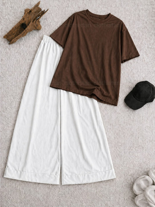 Drop Shoulder tshirt And White Wide Leg Trouser as Pack of Twos
