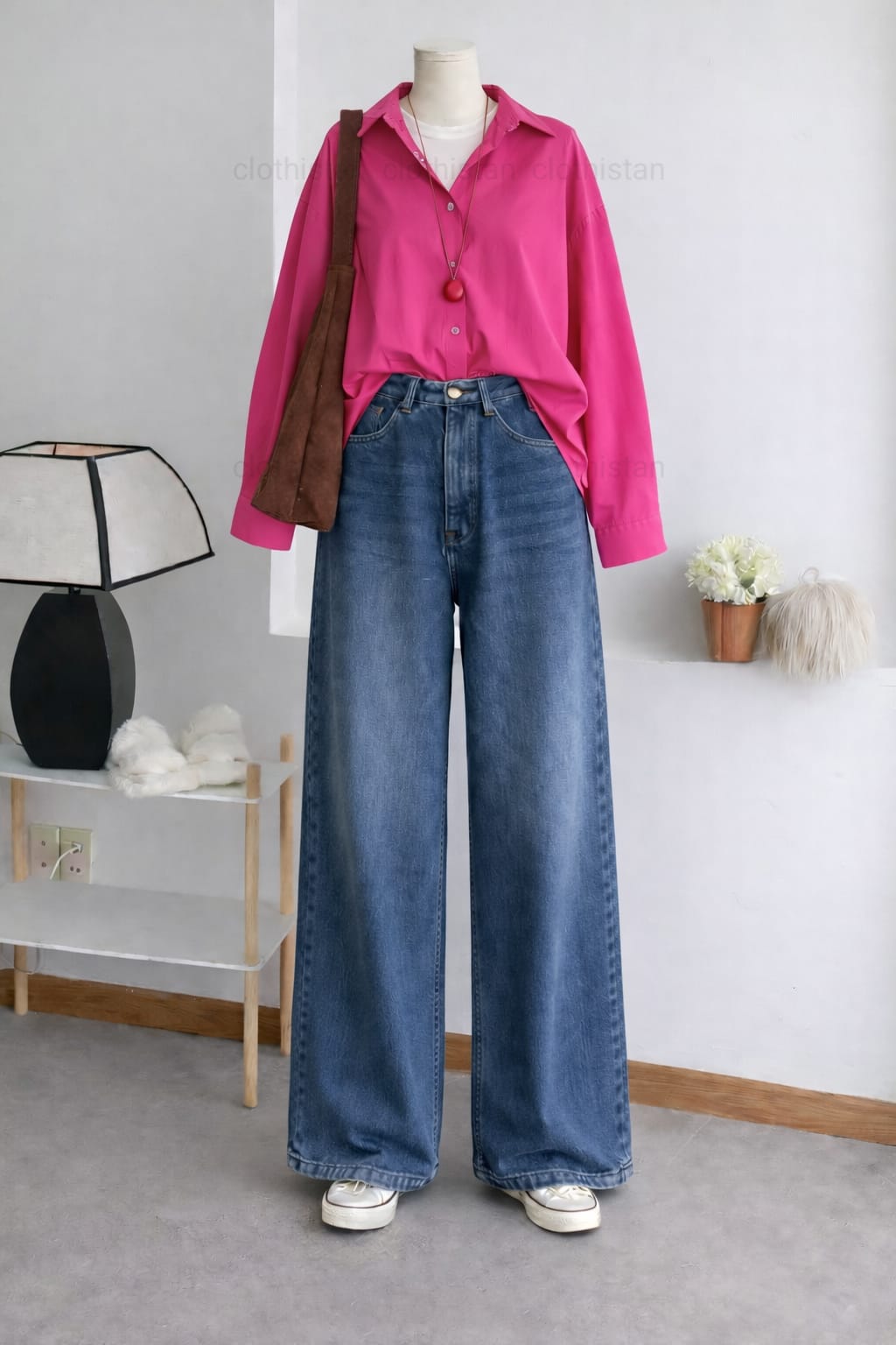 Button-Down Shirt & Mid Blue Wide-Leg Vintage Jeans Pack of Two