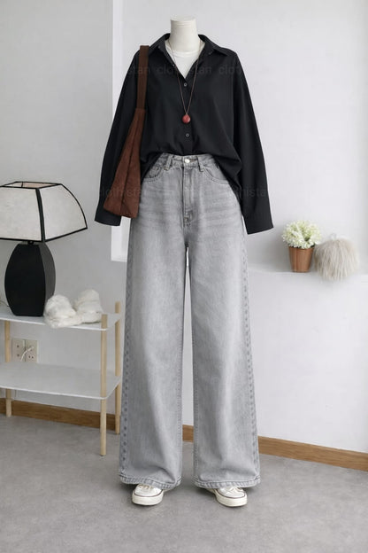 Button-Down Shirt & Grey Wide-Leg Vintage Jeans Pack of Two