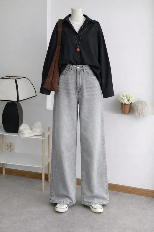 Button-Down Shirt & Grey Wide-Leg Vintage Jeans Pack of Two