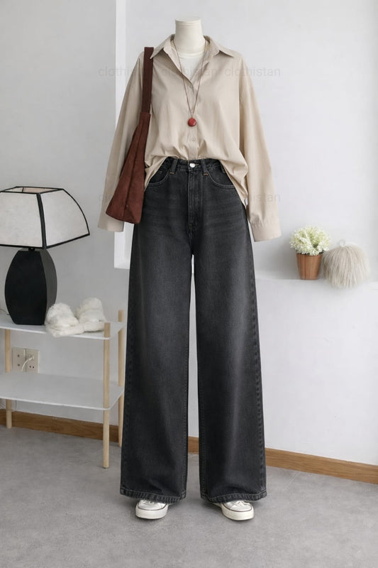 Button-Down Shirt & Black Wide-Leg Vintage Jeans Pack of Two