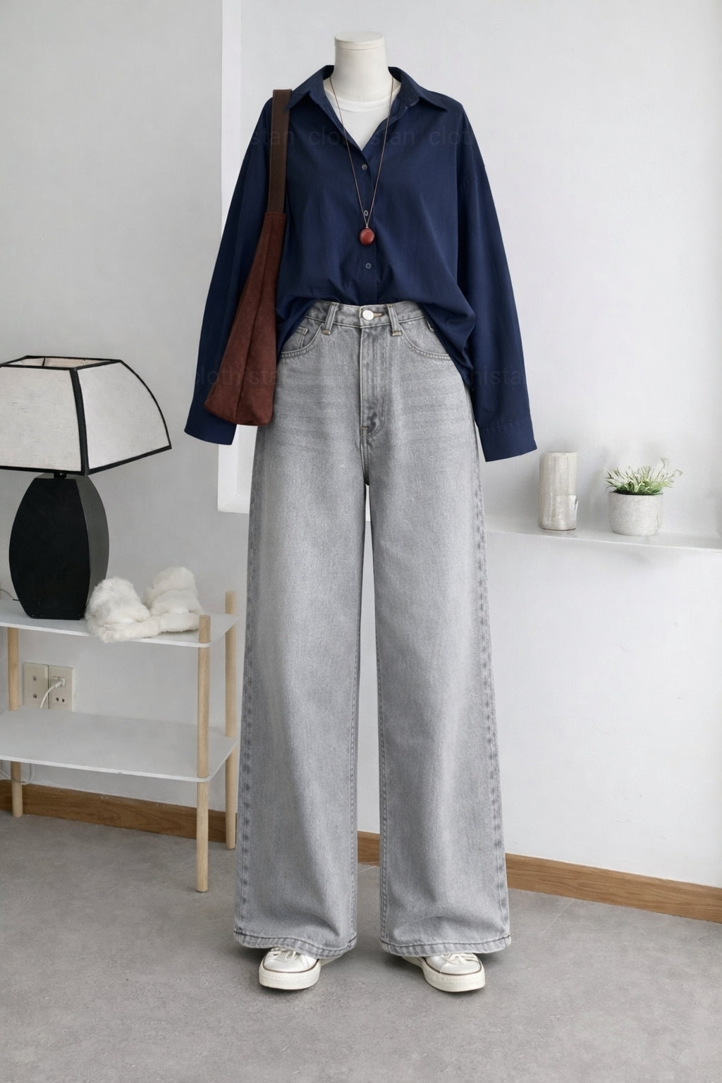 Button-Down Shirt & Grey Wide-Leg Vintage Jeans Pack of Two