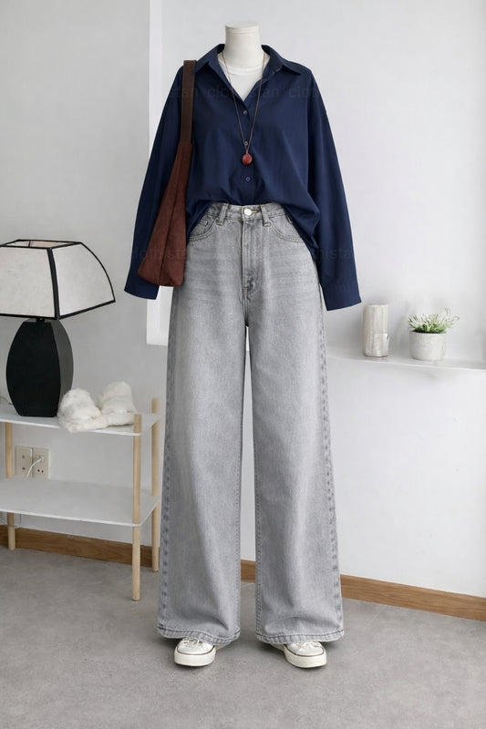Button-Down Shirt & Grey Wide-Leg Vintage Jeans Pack of Two